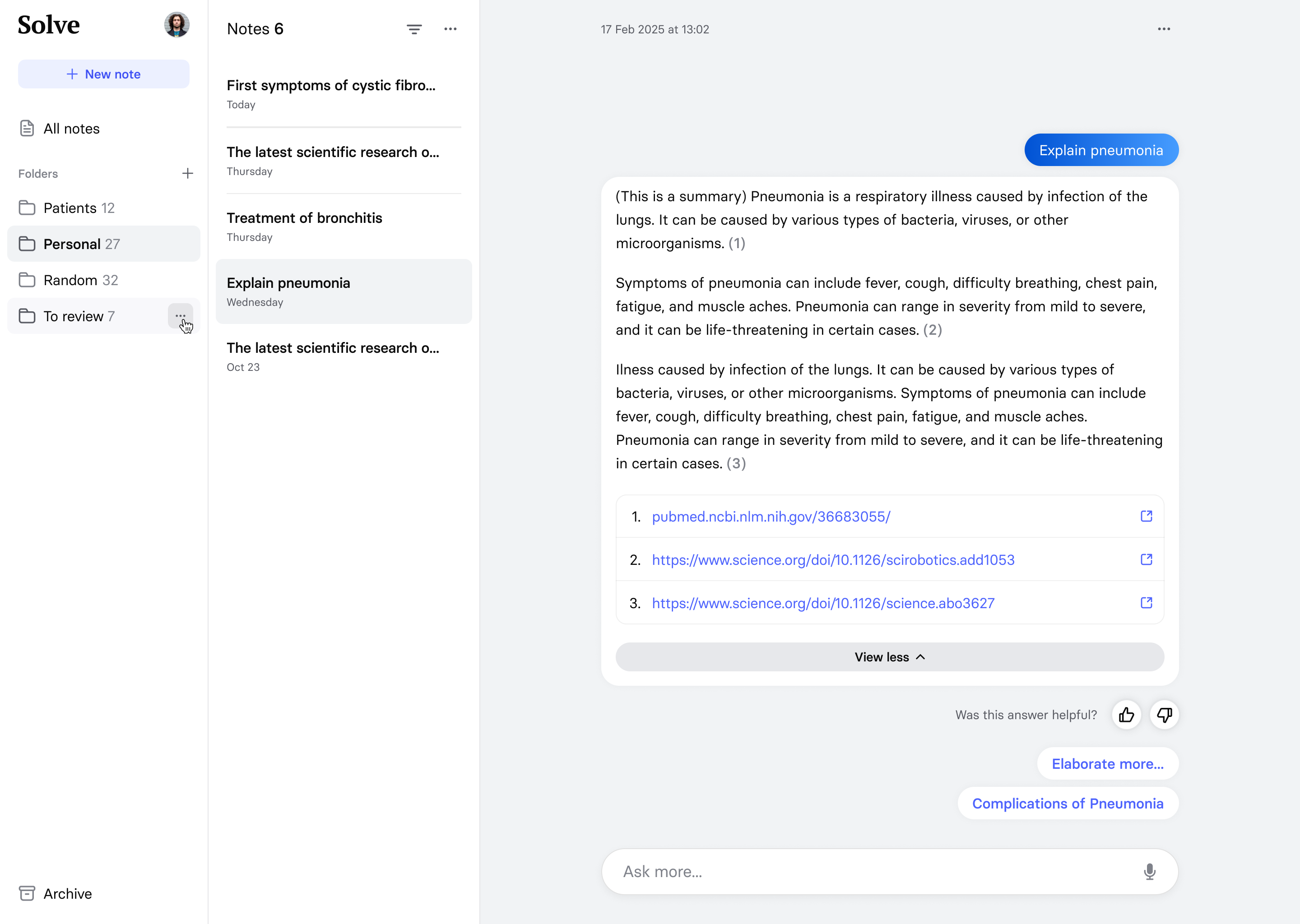 Solve Platform UI showing a pneumonia notes and explanation interface